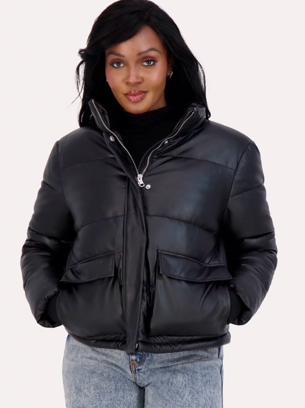 Black Faux Leather Puffer Jacket by Steve Madden